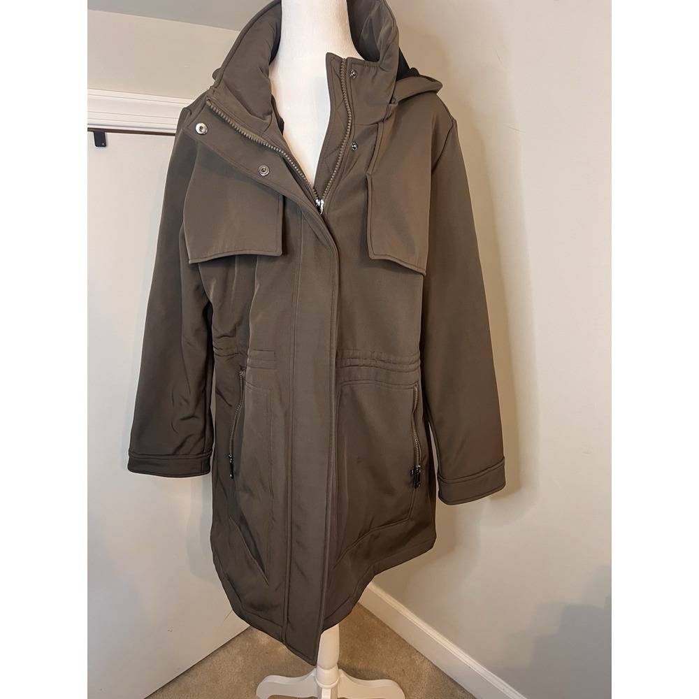Nine West Brown Nylon Fleece Hooded Parka Jacket Size XL‎ Rain Coat Chore
